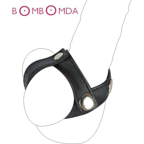 Sex Shops Leather Scrotum Testicle Stretcher Sex Toy For Adult Game 2 Buttons Adjustable Size Dick Balls Ring Penis Cock Rings