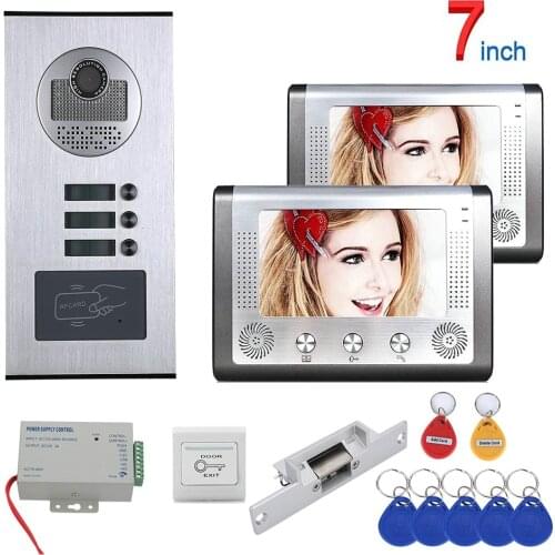 Apartment 7" LCD Video Door Phone Intercom System + RFID Access Outdoor Camera for 2 Family + Electric Strike Lock