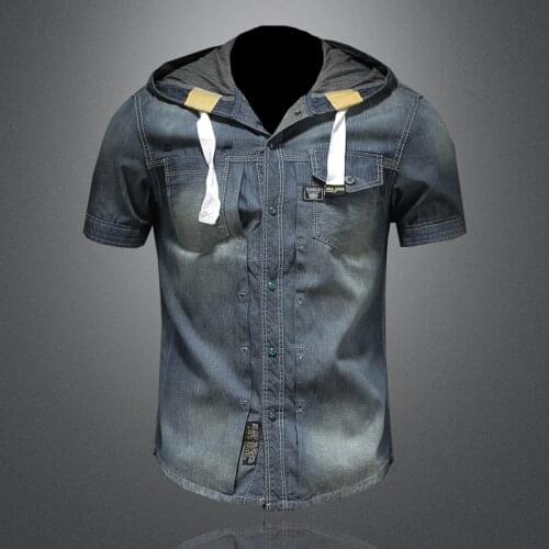 2021 New Summer High Quality Mens Pure Color Single Breasted Hooded Slim Retro Short Sleeve Mens Denim Shirts