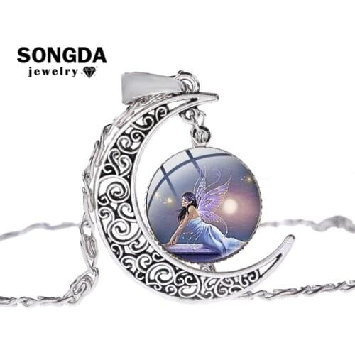 SONGDA Flower Fairy Elf Necklace Glass Time Gem Crescent Moon Pendant Silver Color Chain Necklace for Women Girls Angel Jewelry
