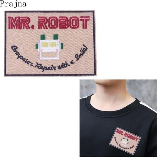 Prajna MR ROBOT Patch Iron On Embroidered Patches For Clothes Gothic Rock Patch TV SHOW Computer Repair With A Smile Parches DIY