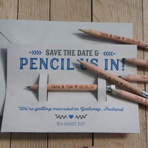 Personalise engraved Pencil Us In Save the Dates Wedding Invitations with Backing card & Envelopes Option birthday party invites