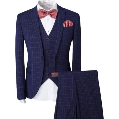 Jacket + Vest + Pants)Mens Fashion Boutique Plaid Wedding Dress Suit Three-piece Male Formal Business Casual Suits
