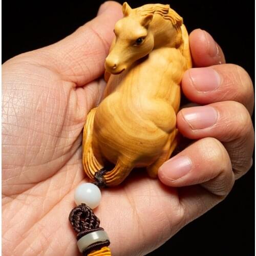 Boxwood 7cm Horse Sculpture Wood Carving Chinese Zodiac Statue Lucky Pendant Home Decor