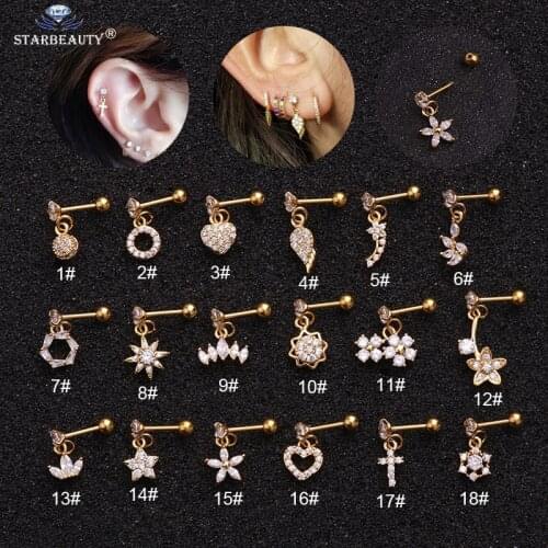 1Pc stainless steel daith earrings helix cartilage stud 18 styles gold heart hexagon crystal tragus ear piercing plug