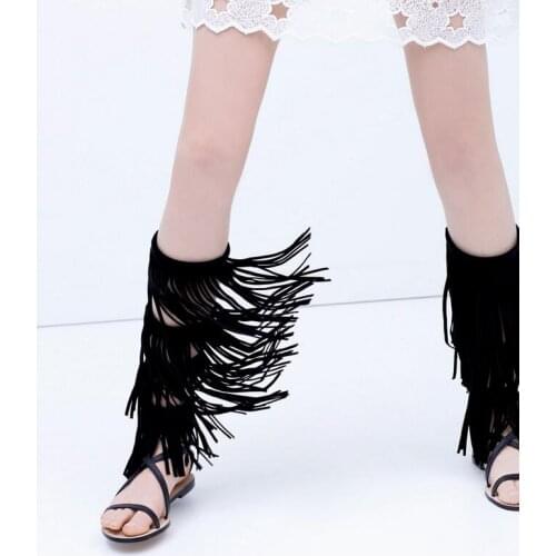 Sestito Woman Cut-outs Flat Gladiator Sandals Boots With Fringe Ladies Peep Toe Casual Knee High Boots Girls Buckle Strap Shoes