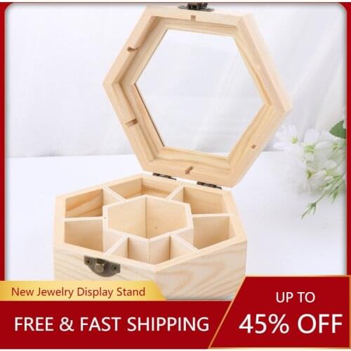 2021 New Natural Plain Wooden Jewellery Crafts Storage Box With Glass Lid and Lock Hexagon Shaped Chest Storage Collection Box