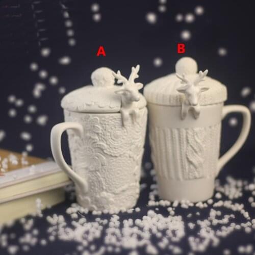 Cute Christmas elk sculpture ceramic cup Beautifully embossed ceramic mug Classic Glazed lace relief Cup
