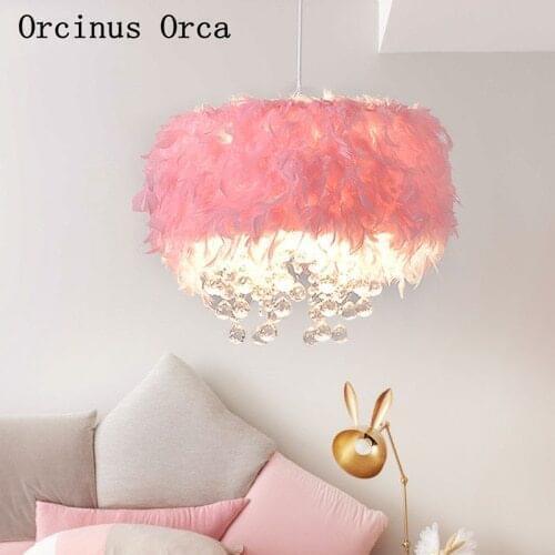 Nordic modern color feather chandelier Girl Bedroom Princess Room childrens room lamp creative pink LED Crystal Chandelier