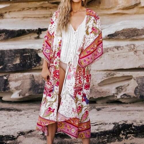 Women Loose Floral Print Blouse Summer Casual Boho Cotton Coat Shawl Kimono Cardigan Tops shawl Sun Protection Clothing Beach