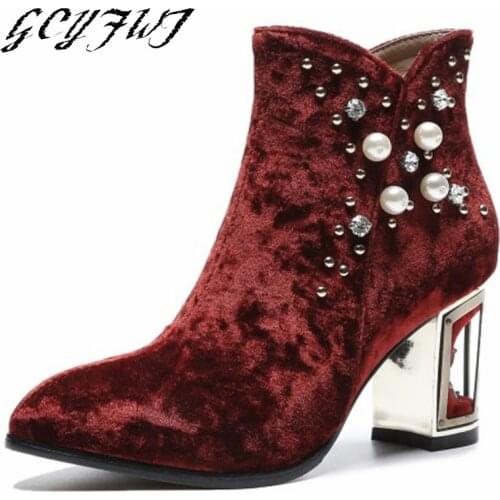 Womens Ankle Boots Autumn And Winter Velvet Hollow Shaped High-heeled Female Shoes Zipper-Sid Rhinestone Fashion Botas De Mujer