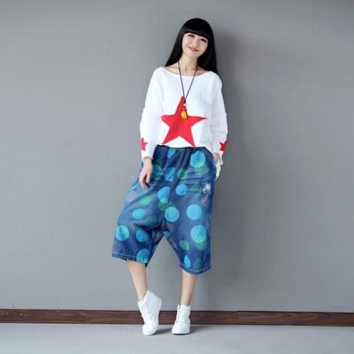 Women Dot Calf-length wide Leg Pants Ladies Denim Dot Hole Fashion Loose Pants Bleached Trousers Washed Jeans