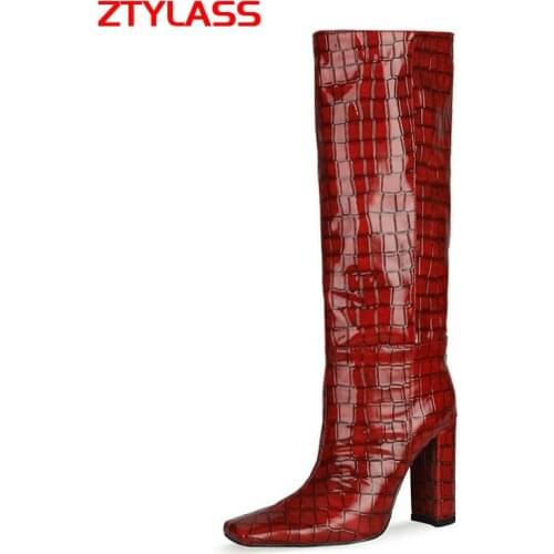 2021 Sexy Patent Leather Knee High Boots Fashion Square Toe High Heel Women Boots Shoes Slip On Autumn Winter Woman Boots