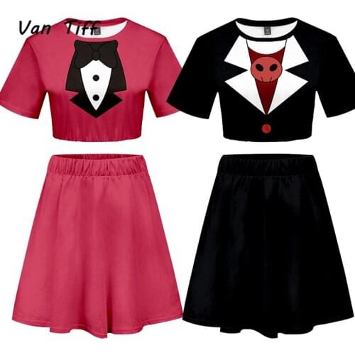 Anime Hazbin Cosplay Hotel Costume Women Sexy Shirt + Skirt Suits Charlie T-Shirt Exposed Navel Outfit Adult Sport Set Girls