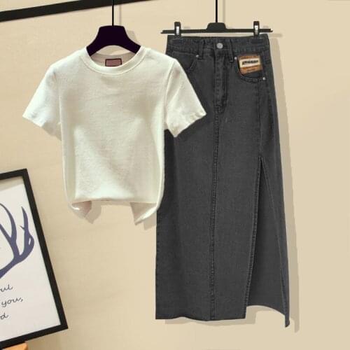 Skirt Suit Plus Size Womens Summer Suit Round Neck Blouse High Waist Slit Denim Skirt Two-piece Womens Summer Suit Women