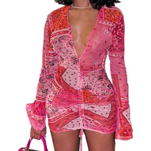 Dress V-neck Floral Print Polyester Fiber Drawstring Design Women Sexy Dress for Leisure