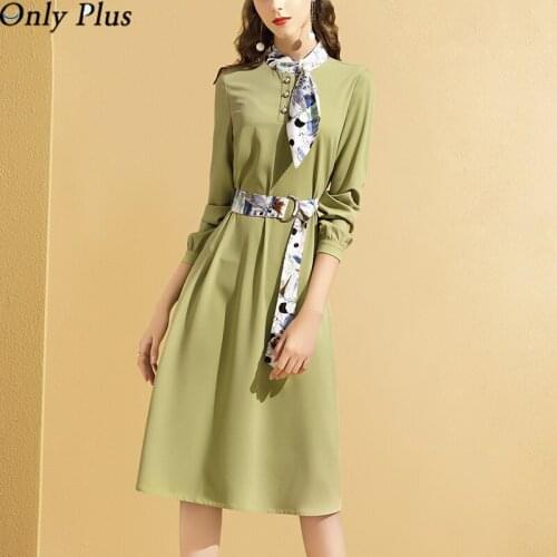 Only Plus Autumn Winter Belt Waist Dress Female 2021 New Style Stand-up Collar Office Lady Thin Temperament Long-sleeved Skirt