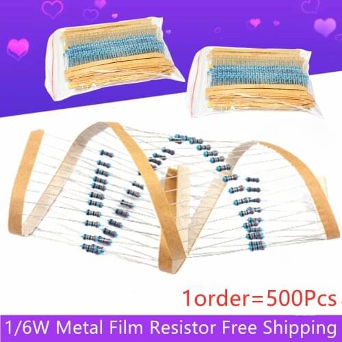 500Pcs 1/6W Metal Film Resistor 1R~1M 1K 2.2K 4.7K 10K 91R 100R 120R 220R Full Resistors Value 121 Kind Ohm Resistance Kit 1