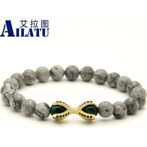 Ailatu10pcs/lot Micro Inlay Black CZ Eagle Claw Bracelets Grey Picture with Tiger Eye Stone Beads European Style