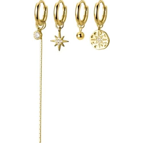 Asymmetry Earrings Authentic Real 100% 925 Sterling Silver fine Jewelry Astral Star Coin &Ball CZ Hoop Huggie Earrings Piercing