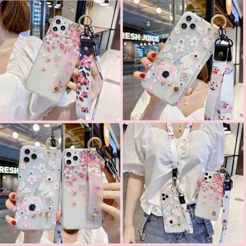 For Samsung Galaxy S10E S10 S9 S8 Plus J8 2018 Phone Case Flower Peach Blossom Butterfly Lanyard Holder Stand Soft TPU Cover