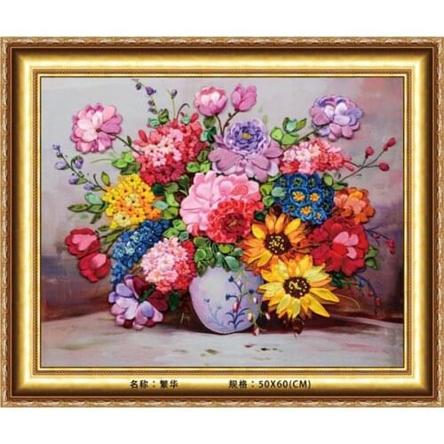 50*60CM 3D flower vase Ribbon embroidery kit handcraft kit DIY handmade needlework hand sewing art wall home decor