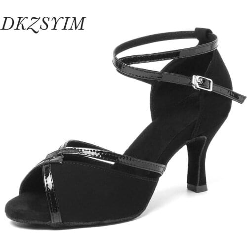 DKZSYIM Black Latin Dance Shoes Women Ballroom Tango/Salsa Dance Shoes Cuban Heel 8.5CM Dance Sandals Spike High Heels 10cm Soft