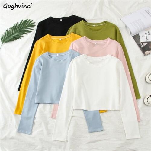 Long Sleeve T-shirts Women Spring Crop Top Solid Sexy Fresh Loose Ins Simple Leisure Trendy Female Teens Korean Style Daily Chic