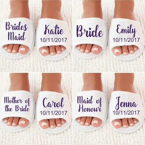 Personalized name title save the date wedding bridesmaid bride open spa slippers Matron of honor Bachelorette party favors gifts