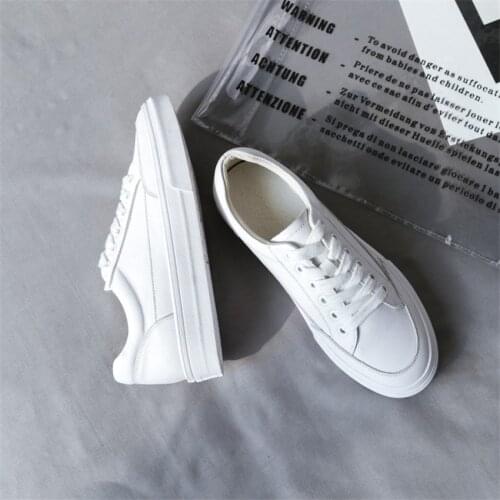 Platform Women Shoes Genuine Leather Flat Casual Cowhide Lace Up White Ladies Sneakers Round Toe Spring