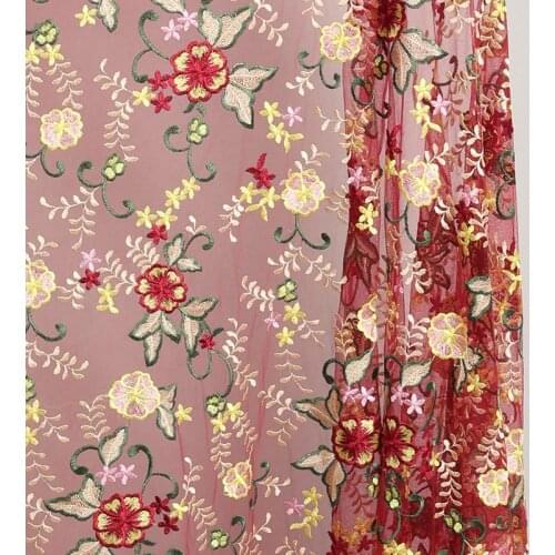 LASUI 1 yard New high-end custom Rust red mesh lace embroidery flower fabric diy wedding dress embroidered fabric X0824