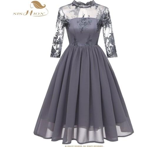 SISHION Lace Chiffon Dress with Embroidery 3/4 Long Sleeve Navy Blue Wine Red Grey Elegant Vintage Party Dresses VD0924