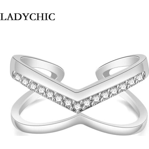 LADYCHIC Fashion Rose Gold & Silver Color AAA Cubic Zircon V Shape Open Ring Exquisite Shining Crystal Adjustable Jewelry LR1208