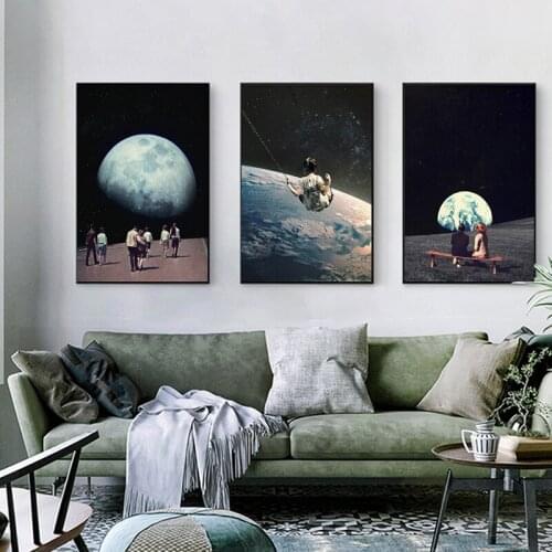 Night Sky Art Prints Earth Couple Canvas Posters Surrealism Galaxy Space Moon Canvas Painting Cosmic Wall Pictures Sci-Fi Decor
