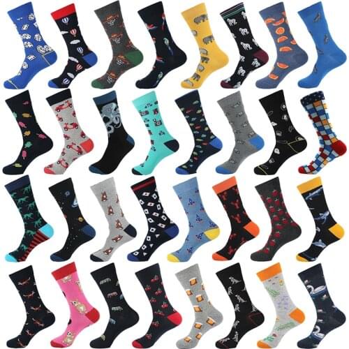 1 Pair Colorful For Men Socks Harajuku Happy Funny Cartoon Elephant Dog Socks Hip Hop Cotton Socks For Wedding Christmas Gift
