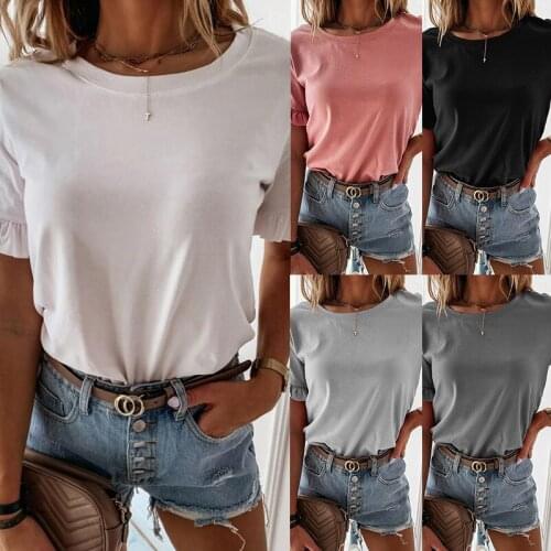 New Summer Womens Hot Style Solid Color Short-sleeved Ruffled Round Neck Casual Loose T-shirt Plus Size Lingere Home Wear