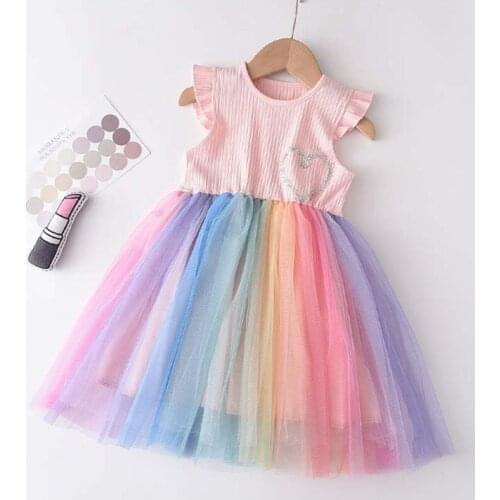 2021 New Summer Girls Rainbow Colorful Dress Party Costumes Kids Mesh Dresses Sweet Vestidos Outfits Children Clothing 2-6T
