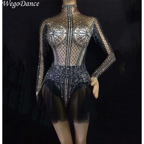 New Rhinestones Dance Dress Women Sexy Pearls Rhinestones black Womens Birthday Party Celebrate Outfit singer costume