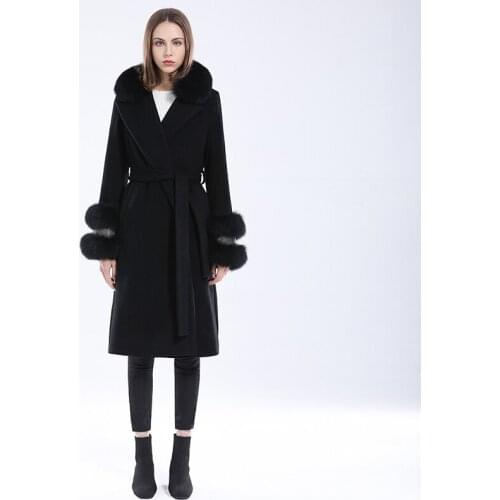 OFTBUY 2021 100% Wool Blends Real Fur Coat Winter Jacket Women Natural Fox Fur Collar Cuffs Belt Long Outerwear Streetwear New