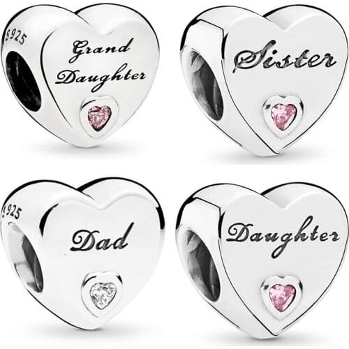 QANDOCCI 925 Sterling Silver Beads Sister Daughter Family Heart Charms fit Original Pandora Bracelets DIY Jewelry For Women
