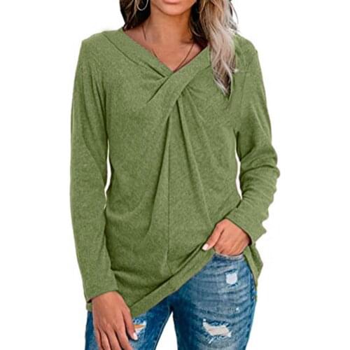 Plus Size Casual Women Autumn V Neck Long Sleeve Top Shirt Chest Cross Knot Tunic Blouse Sweatshirt