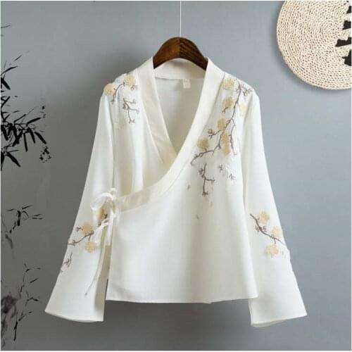 Chinese Style Oblique Tie Long Sleeve Shirts Female Vintage Floral Embroidery Loose Blouses Women High Quality Tops Blusas