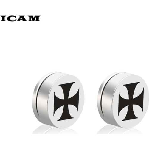 ICAM Men Iron Cross Punk Round Cartilage Stainless Steel Earring For Men no Piercing Stud Earrings For Women