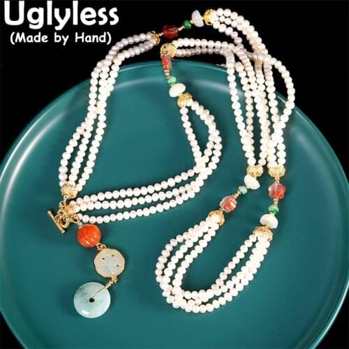 Uglyless Super Long Multi Layers Gemstones Sweater Necklaces for Women Statement Jewelry Pearls Jadeite Necklaces 925 Silver