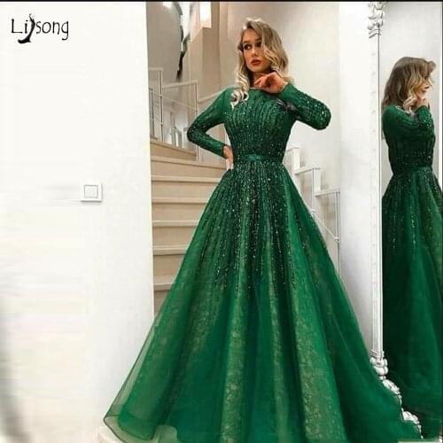 Gorgeous Green Shiny Beaded Evening Dress 2018 Long Sleeves Abiye Vintage Crystal Lace Prom Gowns Vestido Longo Abendkleider