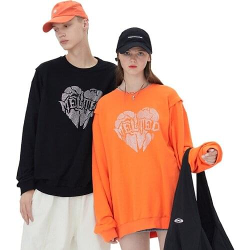 Japanese Harajuku Streetwear Rhinestone Melted Heart Crewneck Sweatshirt for Women and Men Hip Hop Oversized Pullover Sweatshirt