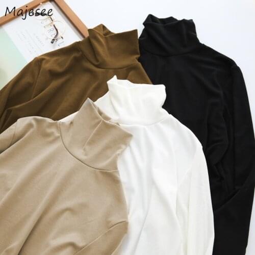 Long Sleeve T-shirts Women Elegant Solid Soft High Quality Turtleneck All-match Korean Style Chic Casual Daily Womens Tshirt New