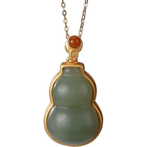 925 sterling silver gold plated natural Hetian Qiemo blue calabash pendent retro personality all match womens pendant