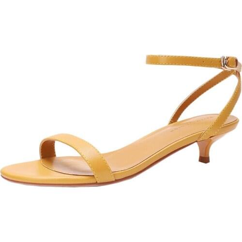 Fashion 2020 Summer Womens Sandals PU Buckle Strap Round Toe 4CM Thin High Heels women shoes size 35-42 yellow white Khaki