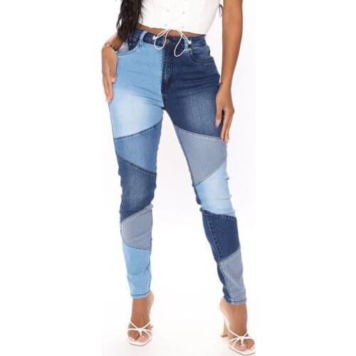 Blue Patchwork Jeans Women High Waist Stretch Skinny Color Block Stitching Denim Trousers Lady Vintage Denim Pencil Pants Fall